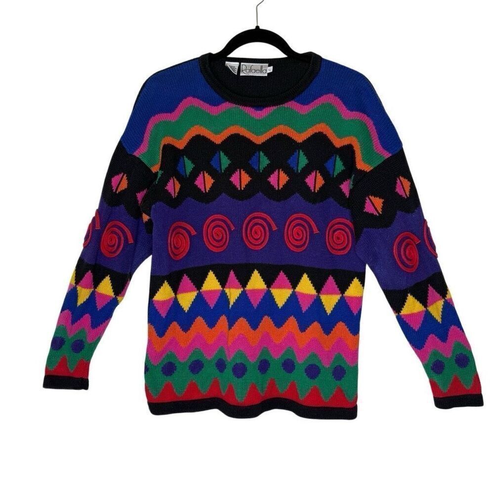 Vintage Rafaella Colorful Intarsia Knit Sweater Sz  L Artsy, Vintage